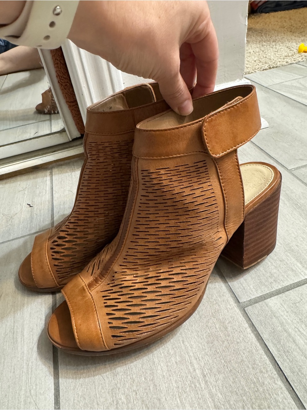 Vince Camuto Tan Perforated Open-Toe Block Heel Booties